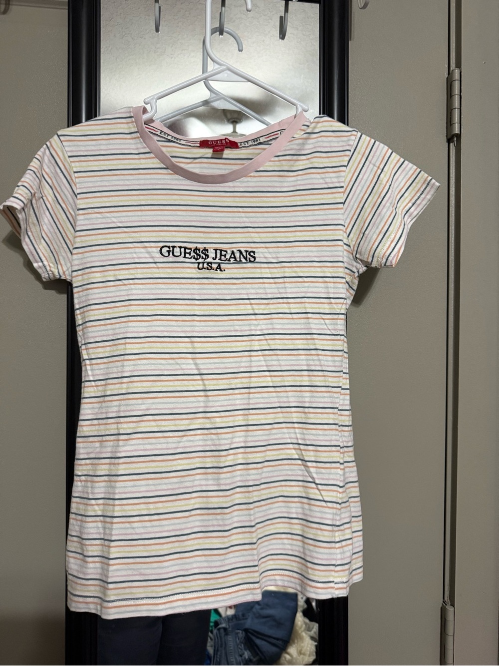 Guess Pastel Stripe Crewneck Tee in Pink and Multi
